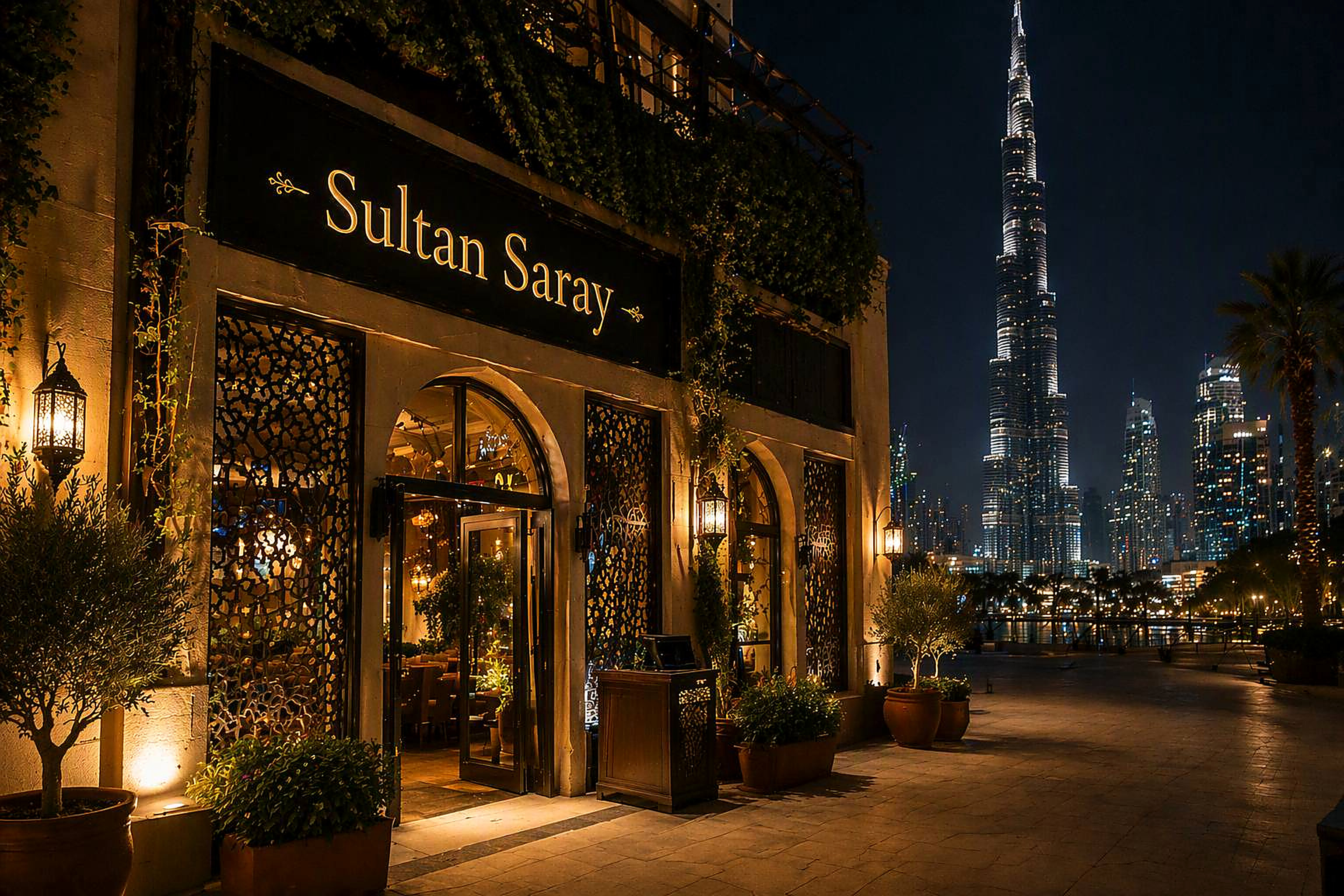 Sultan Saray facade with Burj Khalifa, Dubai